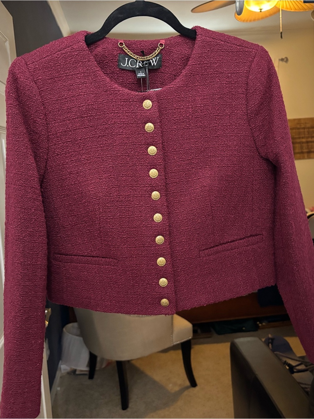 J. Crew Burgundy Textured Cropped Button-Front Lady Jacket